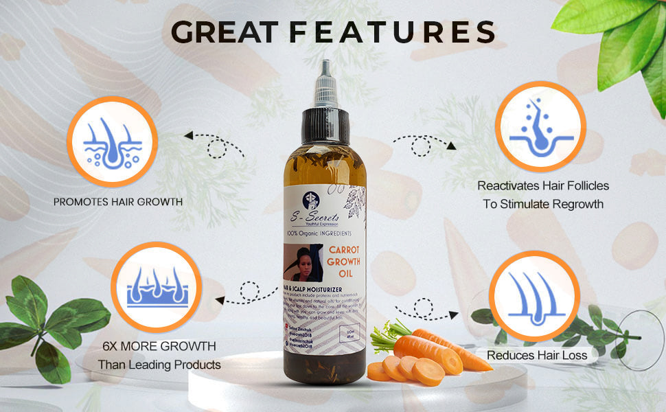 Carrot Hair Growth Oil 2oz, Herbs, Biotin, Essential oils For All Hair