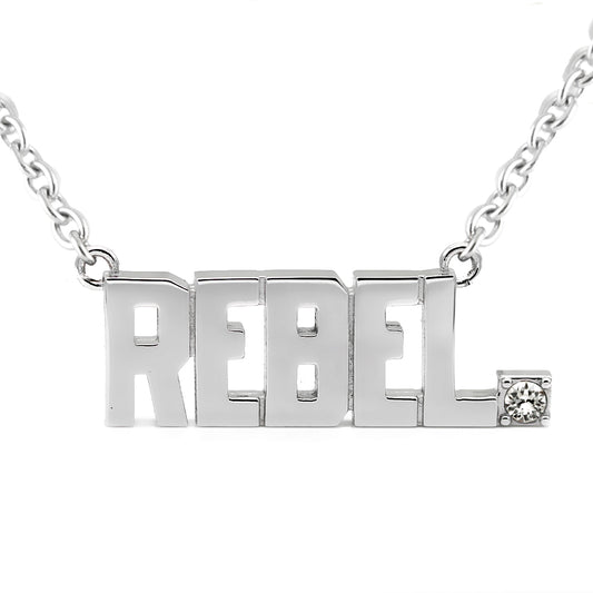 REBEL Pendant Block Letter Necklace with crystal