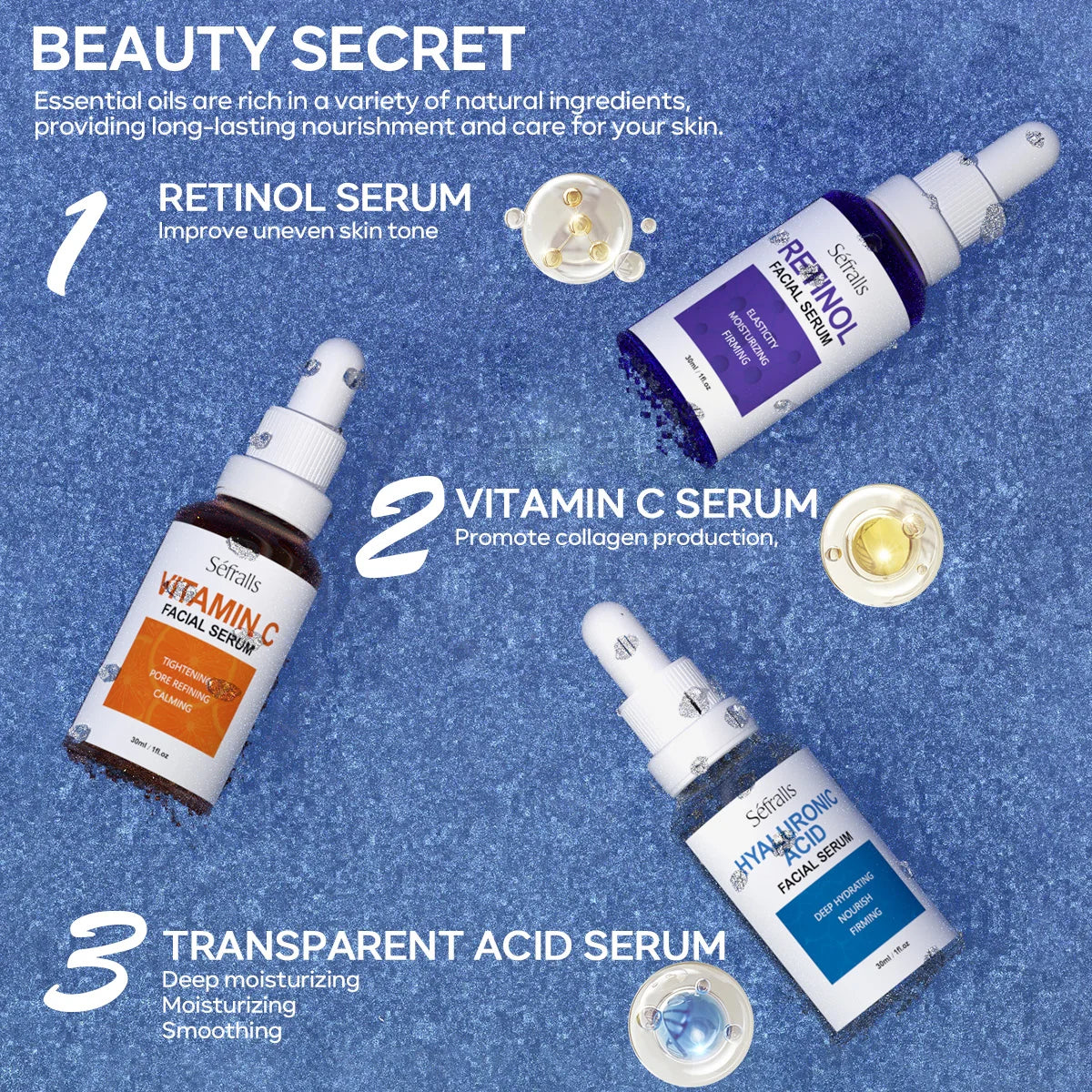 Sefrallys Act Face Serum Special – Premium Combo  -  Essence Set 30ml*3pcs With Vitamin-C Vitamin-A and Hyaluronic Acid Serum For Glistening -  Firming Hy