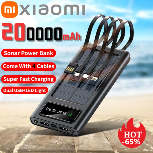 Xiaomi 200000mAh Solar Power Bank Large Capacity Mobile Power Fast Charging Battery With Dual USB 4 Cables For iPhone or Samsung