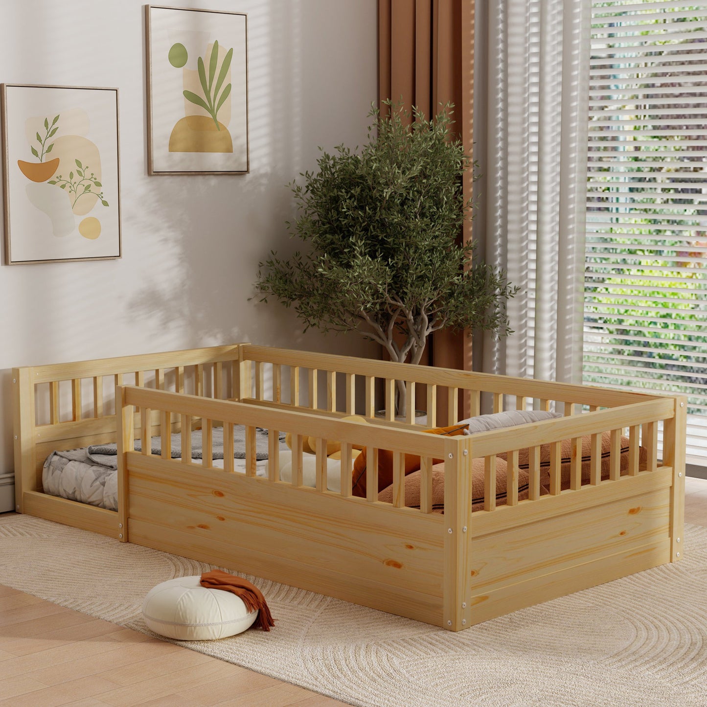 Twin Floor Bed Frame with Fence, Wood Kids Floor Beds Frame for