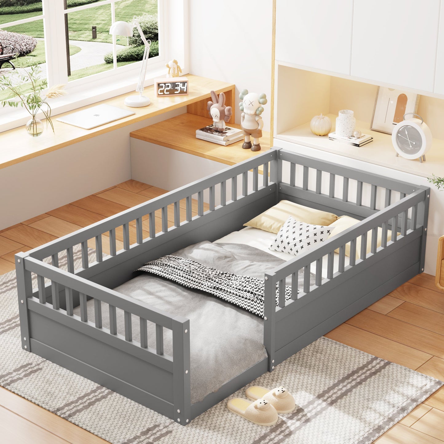 Twin Floor Bed Frame with Fence, Wood Kids Floor Beds Frame for
