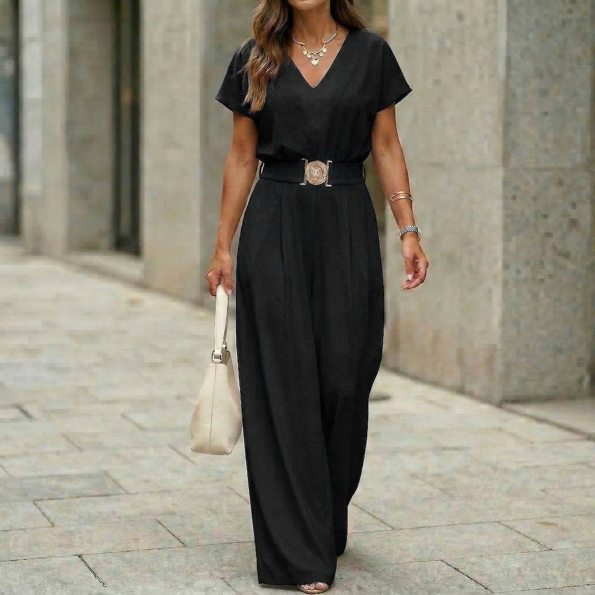 Women's V-Neck Belted Wide-Leg Jumpsuit | Elegant Commuter