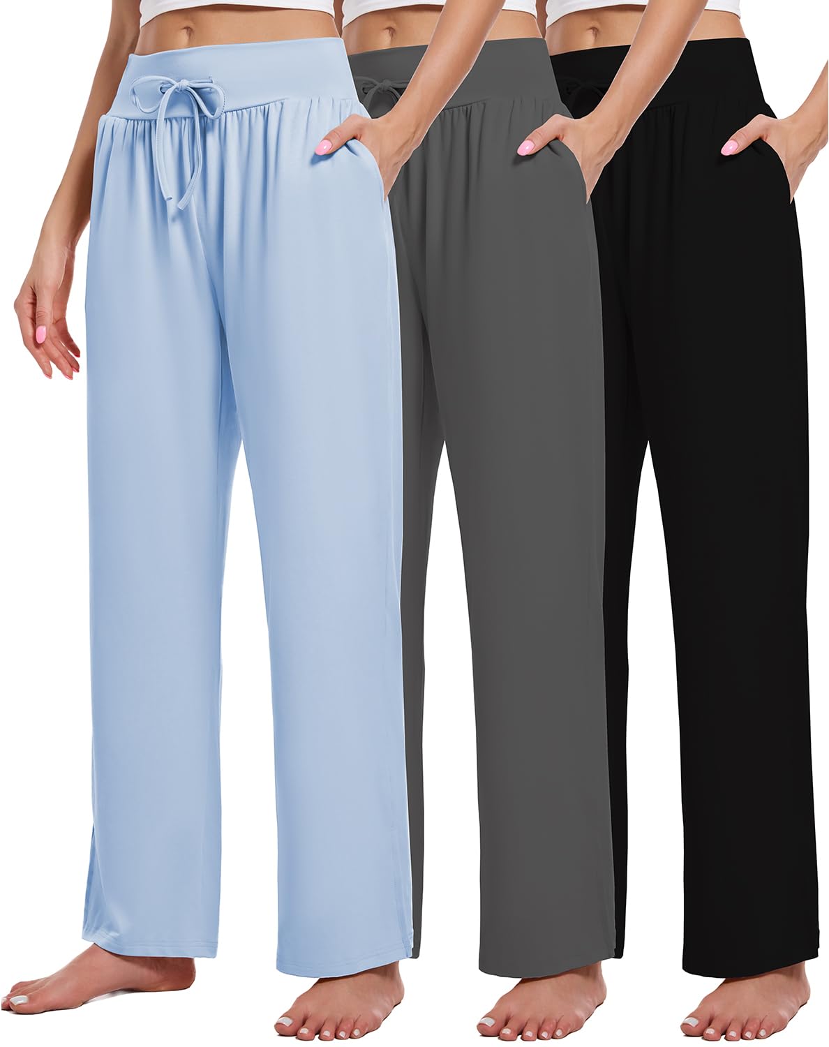 3 Pack Women's Lounge Pants Wide Leg Yoga Sweatpants with Pockets High Waisted Drawstring Lounge Loose Workout Jogger