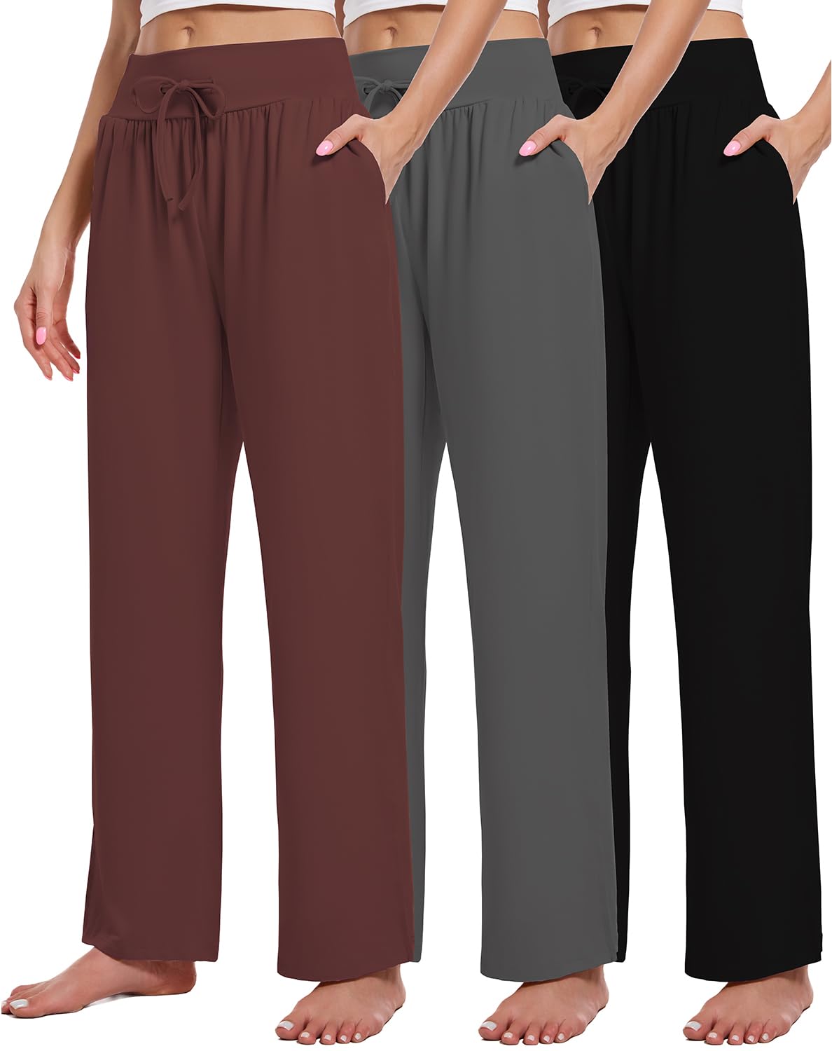 3 Pack Women's Lounge Pants Wide Leg Yoga Sweatpants with Pockets High Waisted Drawstring Lounge Loose Workout Jogger