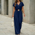 Women's V-Neck Belted Wide-Leg Jumpsuit | Elegant Commuter