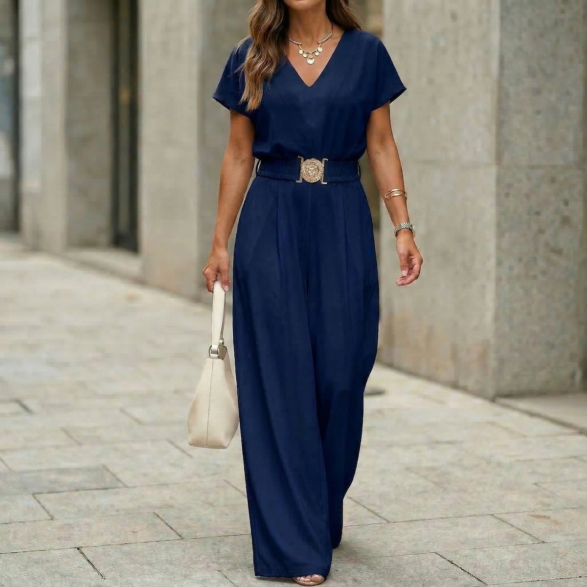 Women's V-Neck Belted Wide-Leg Jumpsuit | Elegant Commuter
