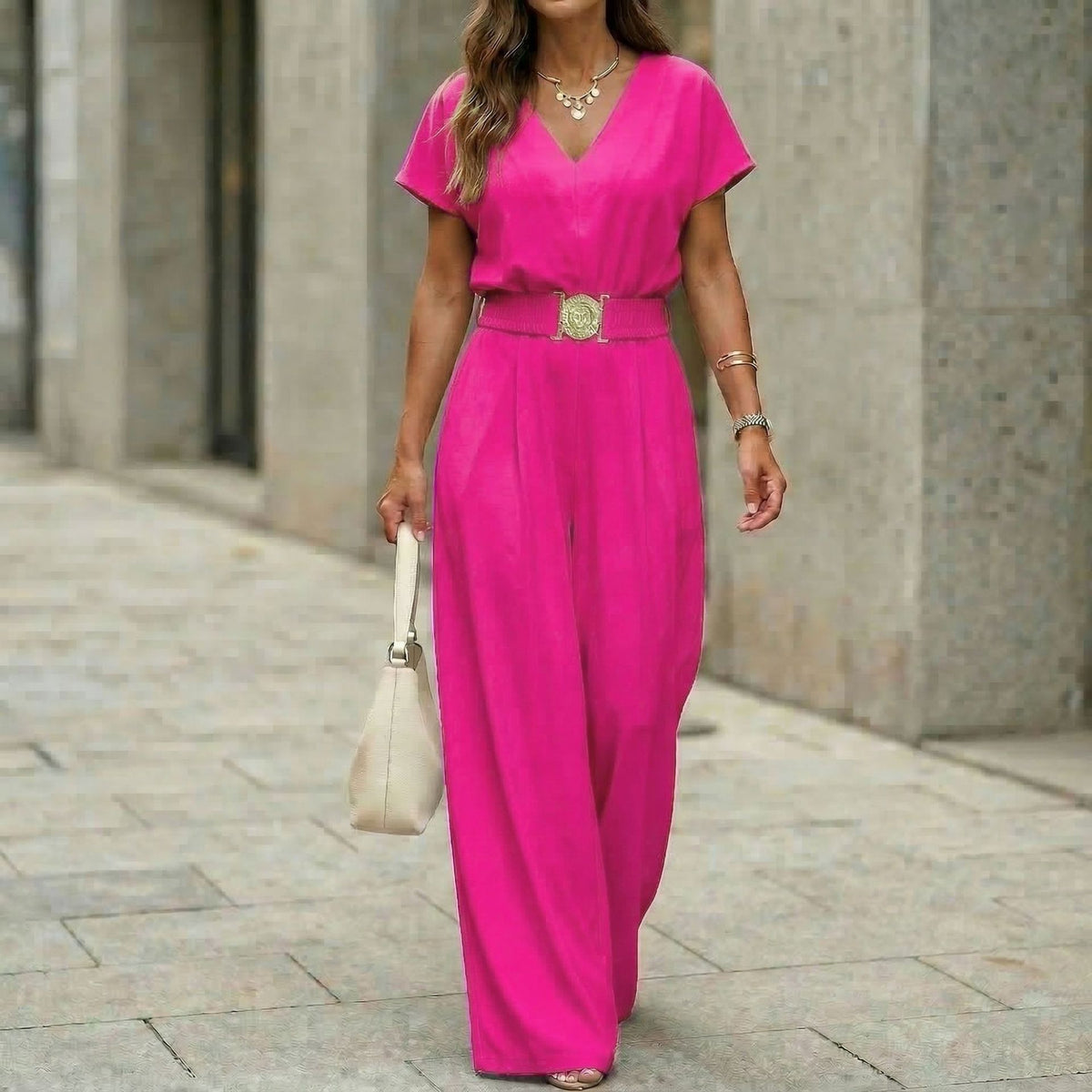 Women's V-Neck Belted Wide-Leg Jumpsuit | Elegant Commuter