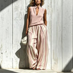 Women's Textured Knit V-Notch Stand Collar Tank & Striped Wide-Leg Palazzo Pants Set