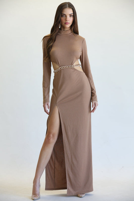 Sleek Chain-Belt Slit Dress