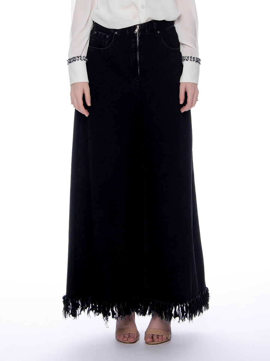 Gracia Fashion Women's Frayed Raw Hem Wide Leg Slouchy Denim Pants