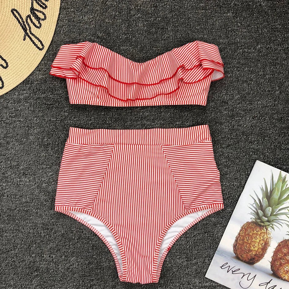 Sexy Striped Ruffled Bikini 2026 Bandeau Push Up Swimwear Women Swimsuit High Waist Bikinis Set Swimming for Women Bathing Suits
