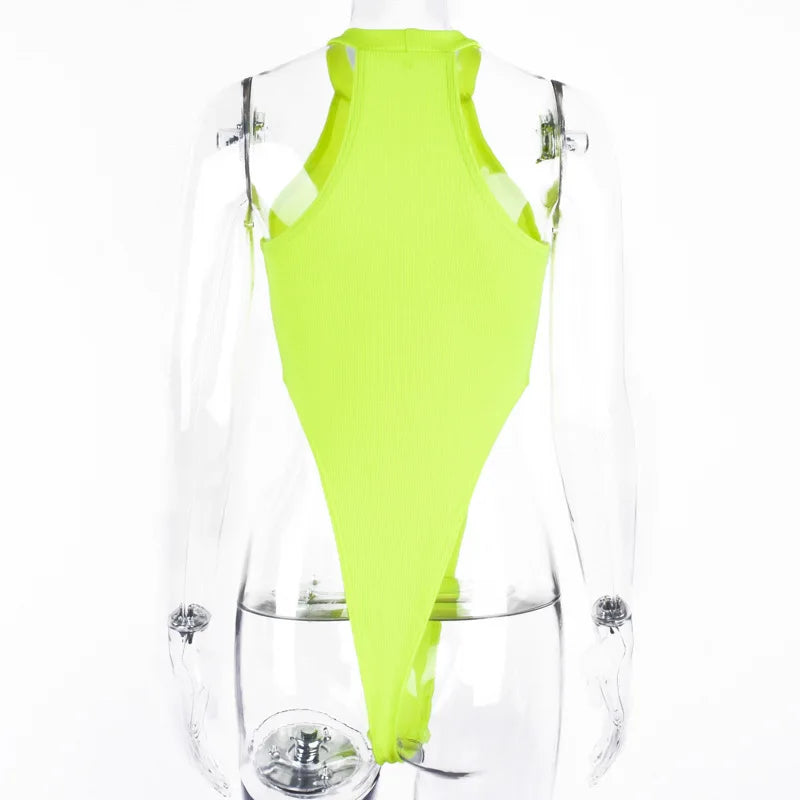 Sexy High Street Bodycon Neon Bodysuits Summer Colorful Sleevelss Backless Ftness Outfit Club Party Jumpsuit Combinaison Femme
