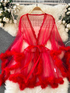 SINGREINY Female Sheer Shapewear Robes Fashoin Long Sleeve Plush Spliced Thin Lingerie Women Lace Up Erotic Midi Long Sexy Robes