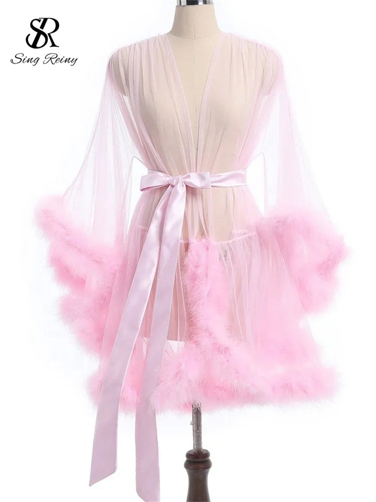 SINGREINY Female Sheer Shapewear Robes Fashoin Long Sleeve Plush Spliced Thin Lingerie Women Lace Up Erotic Midi Long Sexy Robes