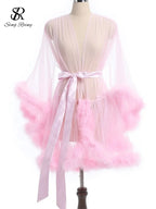 SINGREINY Female Sheer Shapewear Robes Fashoin Long Sleeve Plush Spliced Thin Lingerie Women Lace Up Erotic Midi Long Sexy Robes