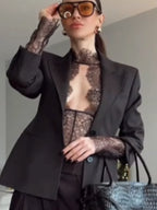 Women Sexy Lace Reflective One-piece Suit Chic Hollow-out Long Sleeve See Through Set 2026 Fashion Lady Street Party Club Outfit