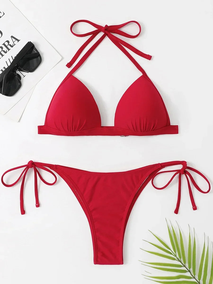 2025 Halter Bra Cup Bikini Sexy Swimsuit Female White Swimwear Women Push up Bikini set Brazilian Bathing Suit Bandeau Swim suit