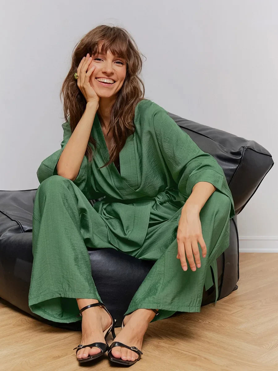 Mozuleva Women's Long Sleeved Pajama Set New Autumn Green Lace Up Pajamas Loose Pants Leisure Home Clothing 2-piece Set