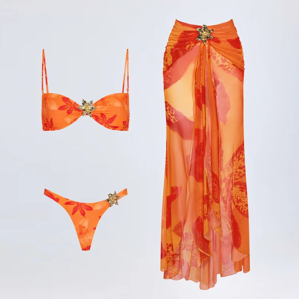 3 Pieces Bikini 2025 Sexy Print Women Swimsuit Swimwear Female Mesh Skirt Bikini Set Beachwear Bathing Suit Swimming Suit