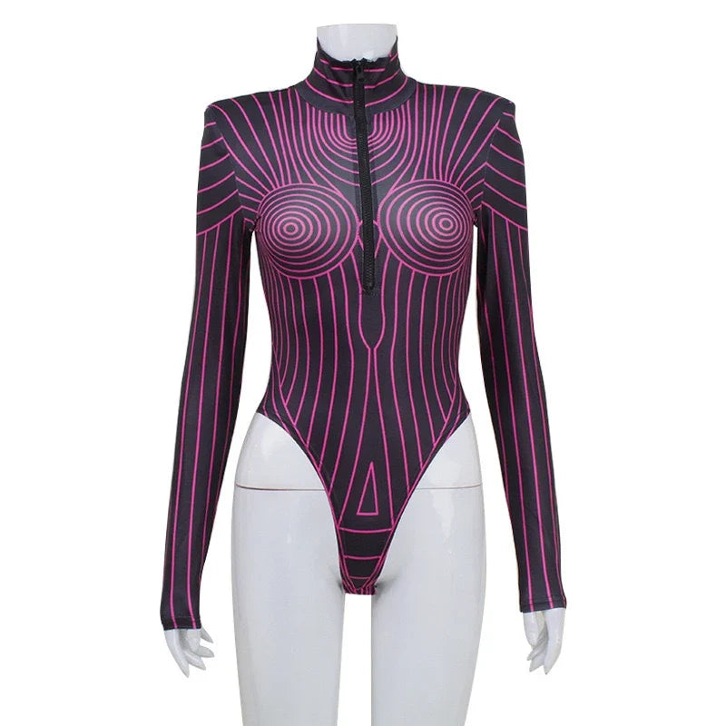 Y2K Sexy Streetwear Women Long Sleeve Fluorescent Striped Graphic Bodysuits Skinny Shoulder Pads Zip Up Top Romper Feminino