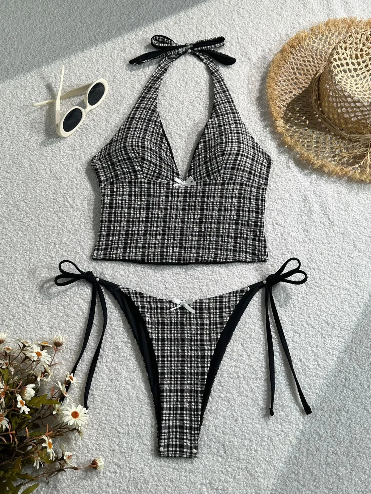 2025 Summer Floral Halter Bikini Women's Sexy Backless Swimwear with Tie Detail Summer Strappy Two Piece Bathing Suit Holiday