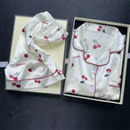 Cherry Print Silk Pajamas Set for Women Summer Short Sleeve Shirt and Shorts Two Pieces Sleepwear Homewear Nightwear
