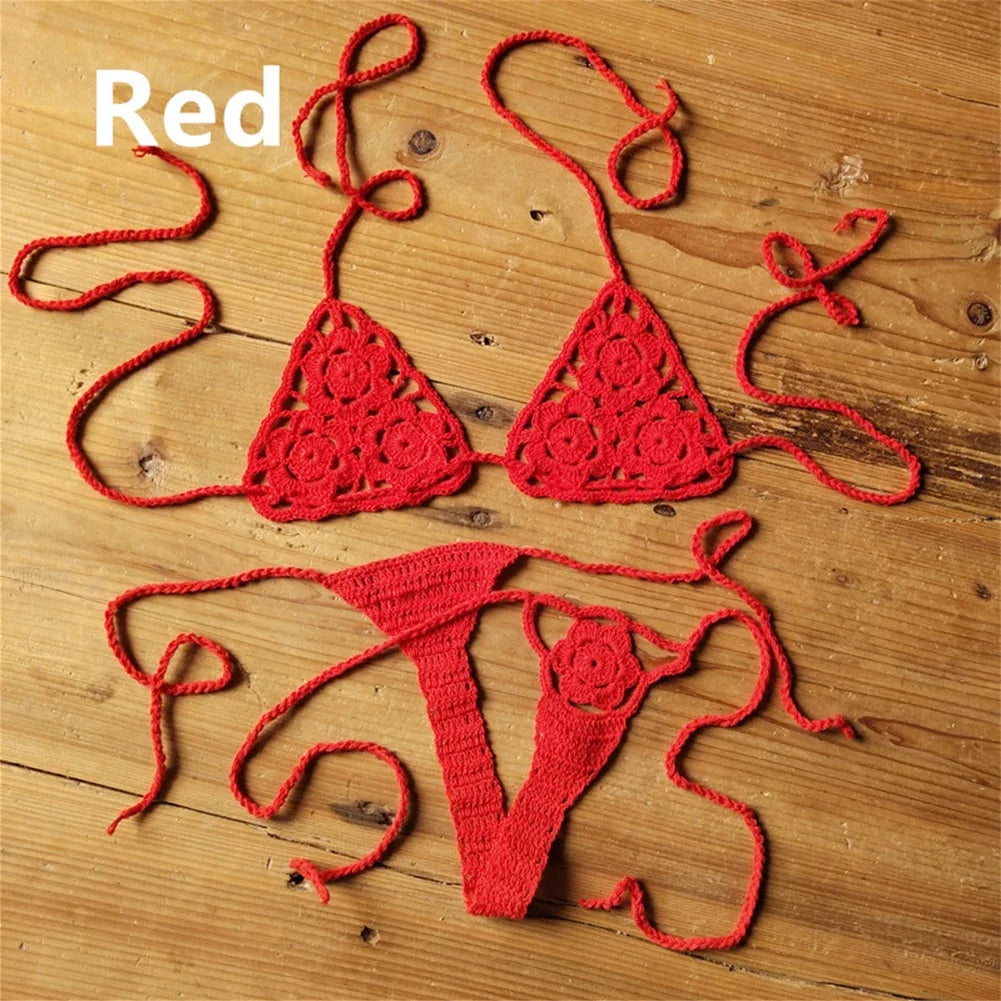 Women Sexy Handmade Bikini Sets Crochet Flower Solid Color Lace Thong String Swimwear Sunbathing Swimsuit Beach Wear Lace-up