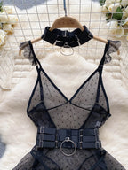ssTss Ins trendy Girl Sexy Mesh Bottom Strap V-neck one-piece Top bodysuit women's Slimming Waist Ruffle Hemp Vest Jumpsuit