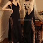 Women Backless Kimono Dressing Gown Sexy Perspective Nightgown Satin Sleepdress Lace Patchwork Nightwear Ultra Long Loungewear