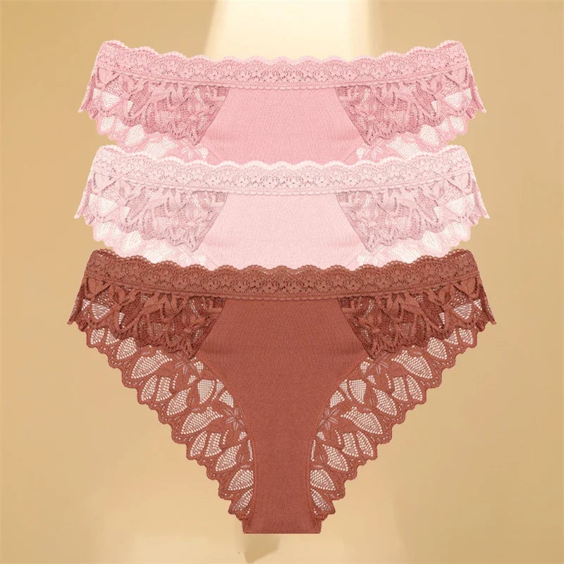 FINETOO 3Pcs Lace Hollow Out Underwear for Women Sexy Low-Waist Floral Briefs Female Invisible Breathable Lingerie Soft Intimate