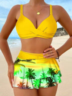 Hot Sale Of The Season New High Waist Bikini with Skirt Large Size Separate Design Sexy Cross Border Swimwear Floral Lace Edge E