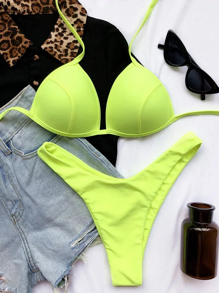 2025 Halter Bra Cup Bikini Sexy Swimsuit Female White Swimwear Women Push up Bikini set Brazilian Bathing Suit Bandeau Swim suit