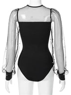 Women Pearl Mesh Puff Sleeve Bodysuit 2024 Fashion Long Sleeve Vintage Body Top Summer Fall Elegant Sexy Blouse Shirts Female