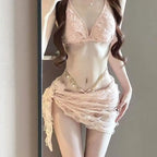 2026 Y2k Summer Cute Pink Sweet Patchwork Sets Cute Bow Design Sexy Lace-up Style Casual Bikini Swimsuit Beach Vaction Clothes