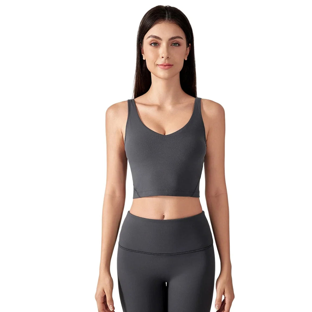 SHINBENE Women's V-neck Slimming Fitness Long-sleeve Padded Short-sleeve Sports Bra Yoga Bra Classic Athletic Tank Top