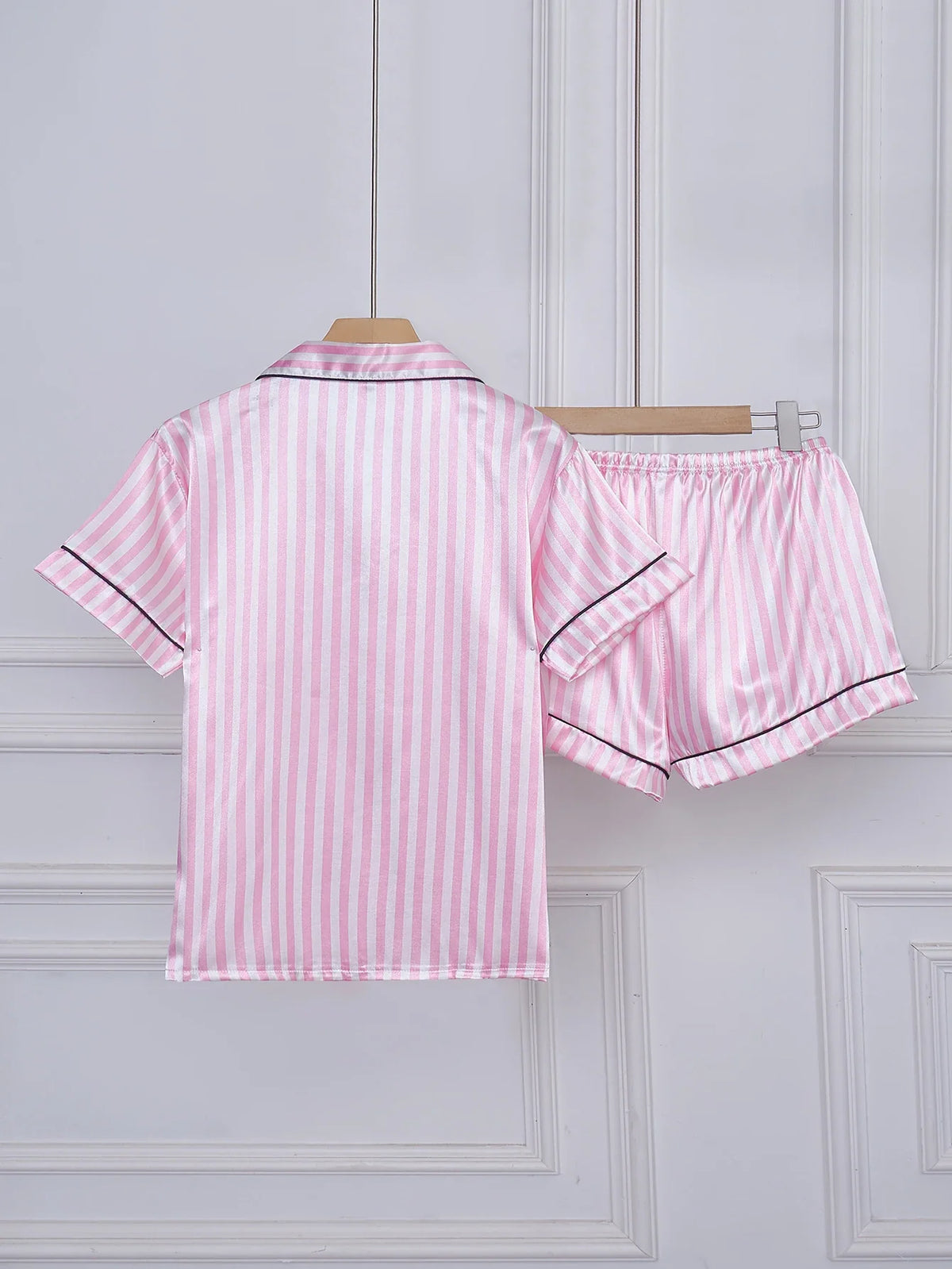 Striped Embroidered Letter Pocket Short Sleeve and Shorts Pajama Set, Casual Satin Sleepwear with Lapel Collar and Button Detail