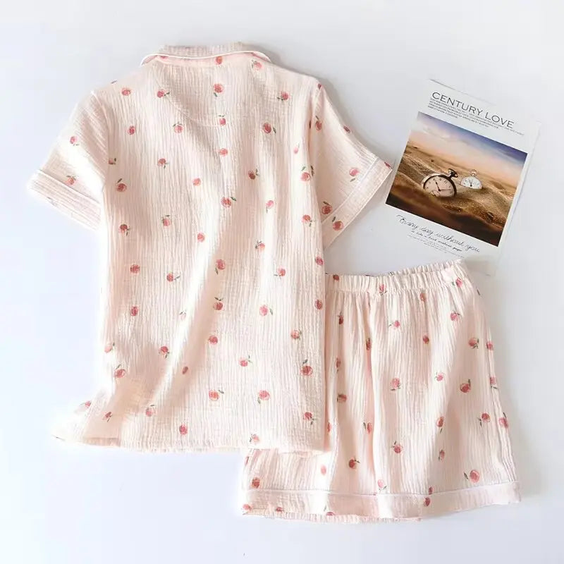 2025 Summer Ladies Short-sleeved Shorts Pajamas Set 100% Cotton Crepe Cloth Thin Home Service Two-piece Spring And Autumn Loose