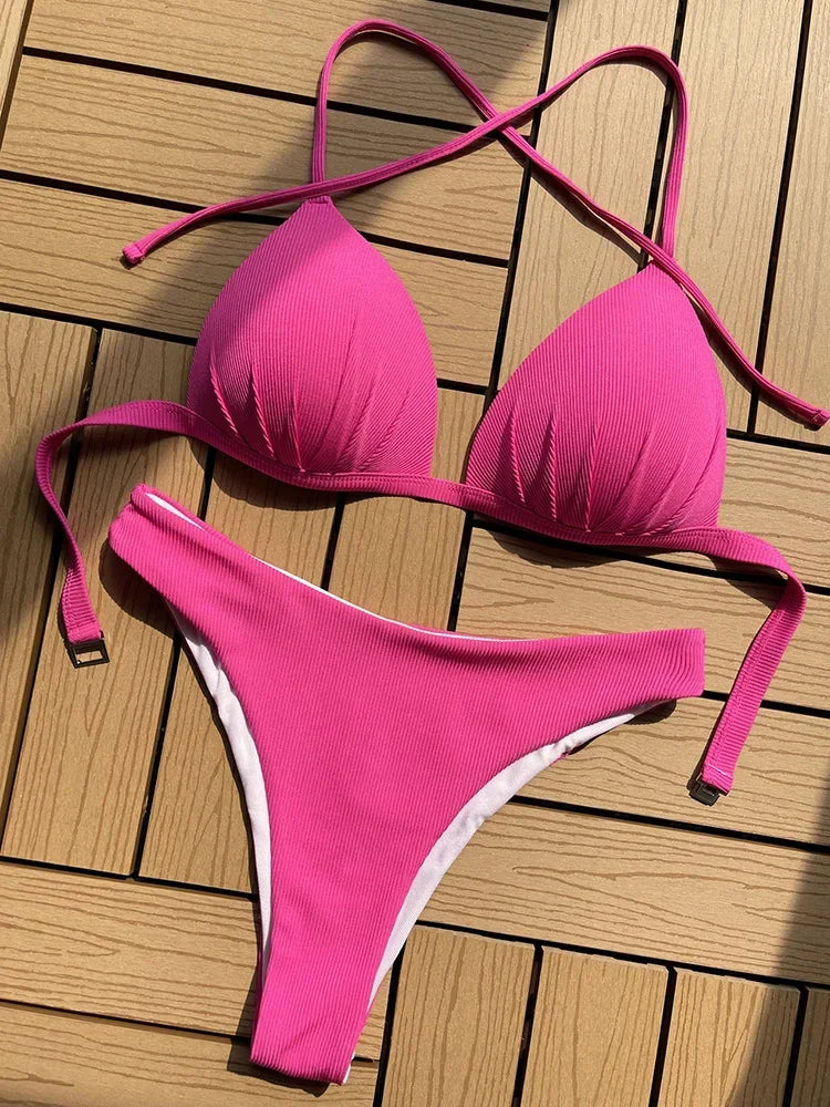 2025 Halter Bra Cup Bikini Sexy Swimsuit Female White Swimwear Women Push up Bikini set Brazilian Bathing Suit Bandeau Swim suit