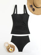 Black Modest Two-Piece Swimsuit for Women Tummy Control Slimming Swimsuit with Ruffled Neckline and Straps Summer Beach Swimwear