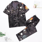 Women‘s Striped Printed Silk Satin Pajamas Summer Nightwear Trouser Suits Satin Set Woman 2 Pieces Short Sleeve Sleep Tops Night