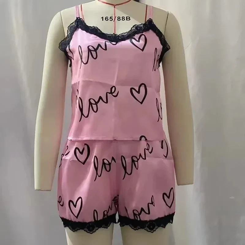 2 Pieces Set Women'S Pajama Shorts Suit Homewear Print Underwear Pijama Sexy Lingerie Camisoles Tanks Nighty Ladies Sleepwear