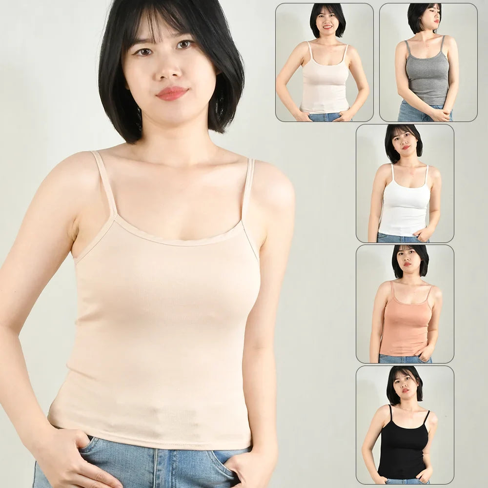 Sexy Summer Sleeveless T-Shirt  Spaghetti Strap Cropped Tank Top with Built-in Bra Fashion Solid Color Sporty Camisole