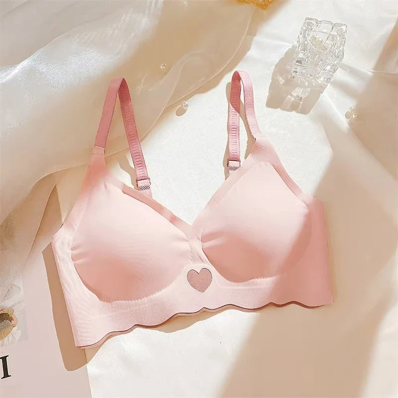 Sexy Push Up Bras For Women Love Heart Pattern Brassiere Deep V Neck Cute Underwear Female Seamless Wireless Soft Lingerie