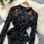 Women's Sexy Lace Bodysuit Flocked Print Sheer Mesh Leotard Long Sleeve See Through Jumpsuit Clubwear Lingerie for Valentine Par