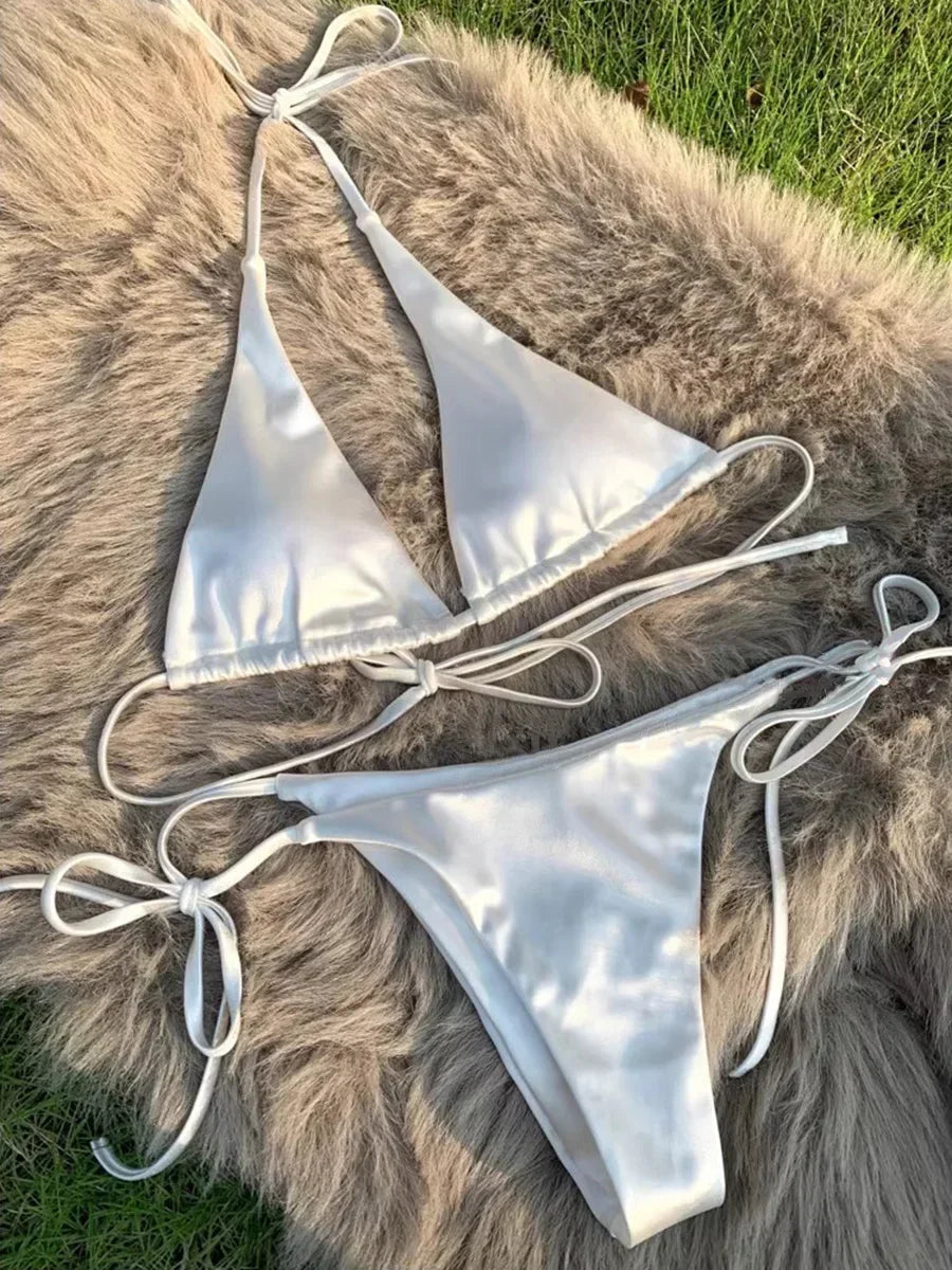 Halter Brazilian Metallic Satin Bikini Women Swimwear Female Swimsuit Two-pieces Bikini Set High Cut Bathing Suit Swim Beachwear