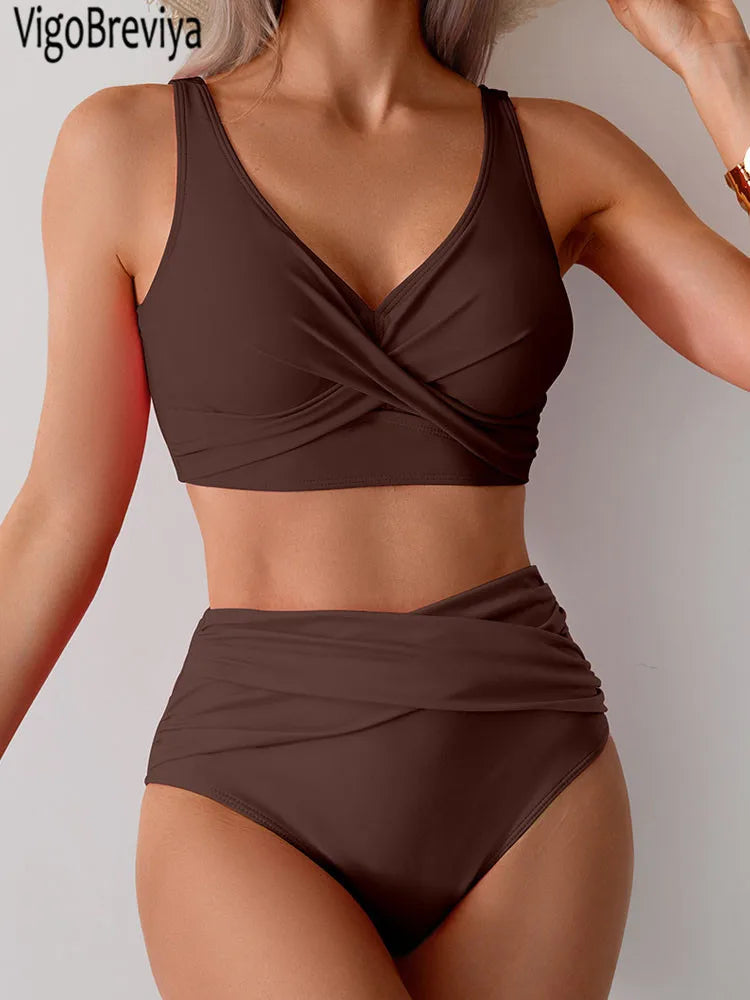 VigoBreviya 2027 Sexy Solid Strapped Swimwear Women Cross Push Up Bikini Set Brazilian Lady Swimsuit High Waist Beach Bath Suit