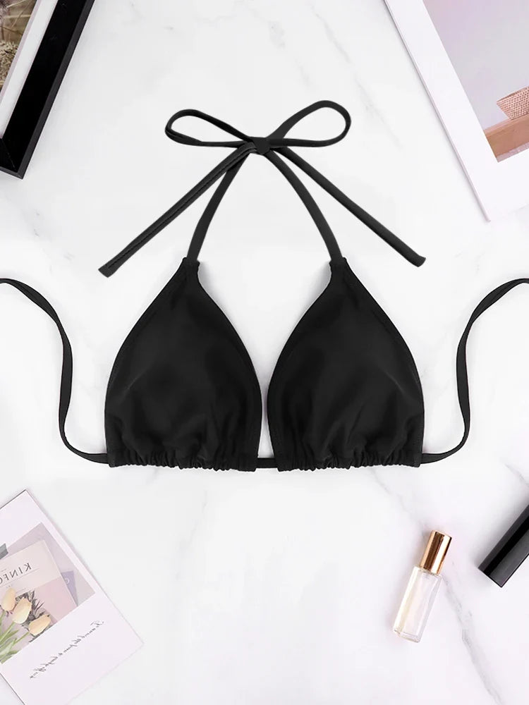 1Pc Women's Sexy Bikini Top Bra Swimsuit Summer Beach Style Solid Color Hanging Neck Bareback Strap Bikini Swimsuit Bra Swimsuit