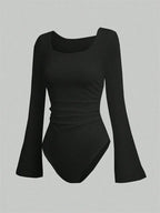 Women's Solid Color Ruffle Hem Flare Long Sleeve Bodysuit Autumn Winter 2024 Round Neck Plain Ruched Slim Fit Romper Top