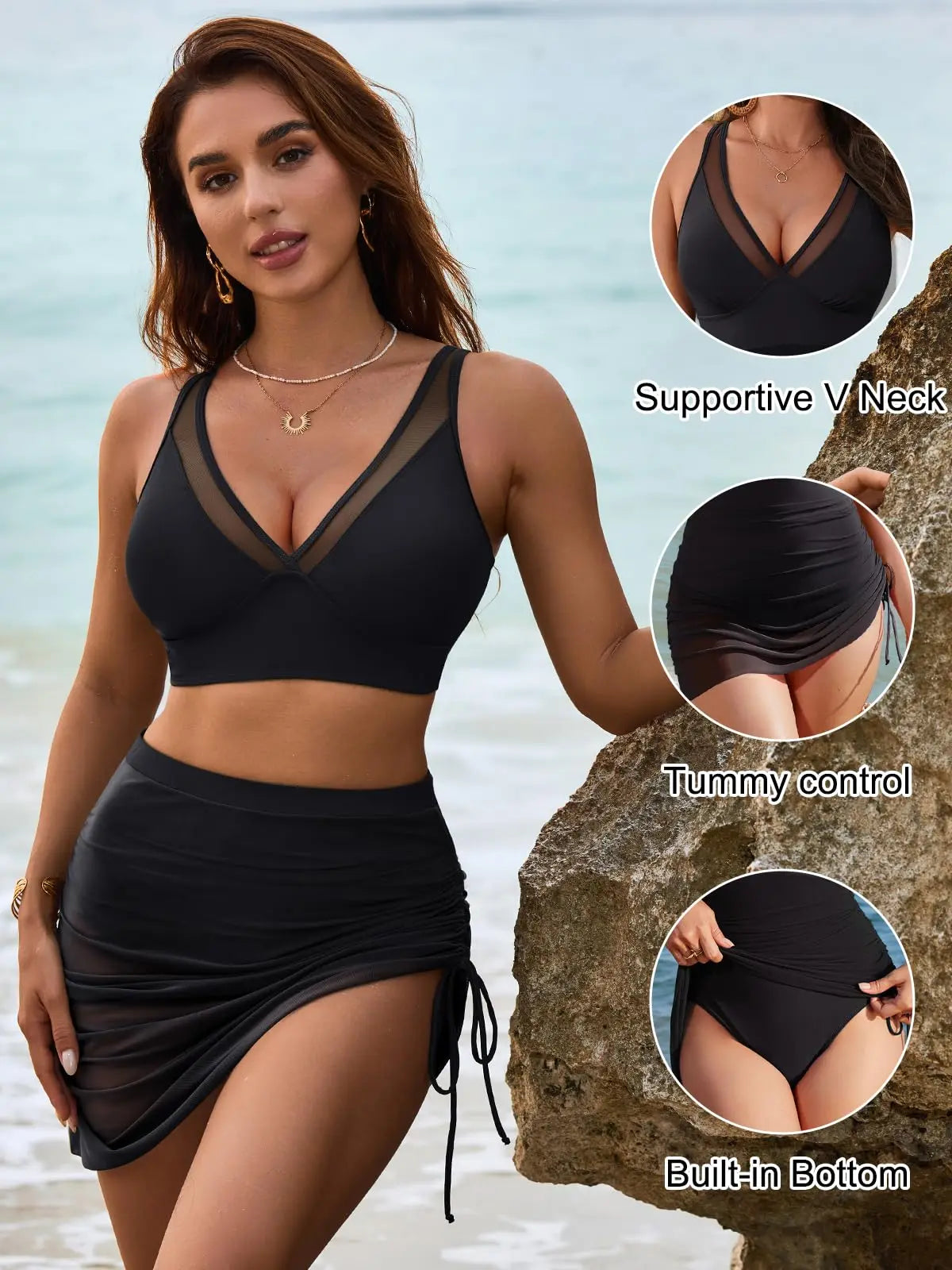 Womens Swim Skirt High Waisted Bikini Sets Tummy Control Swimsuits Mesh Sarong Wraps Bathing Suits